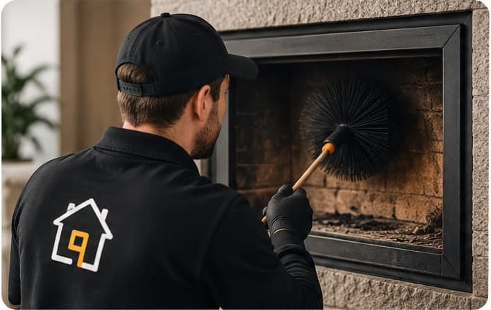 Ramoneur passant la brosse dans le conduit depuis le foyer, au niveau du foyer ouvert