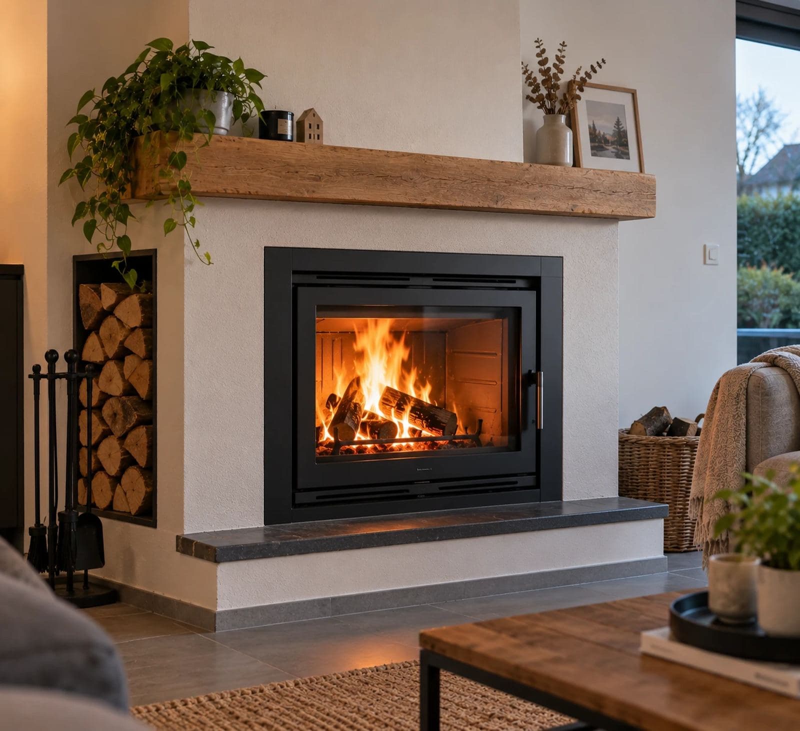 Insert à bois vitré encastré dans une cheminée