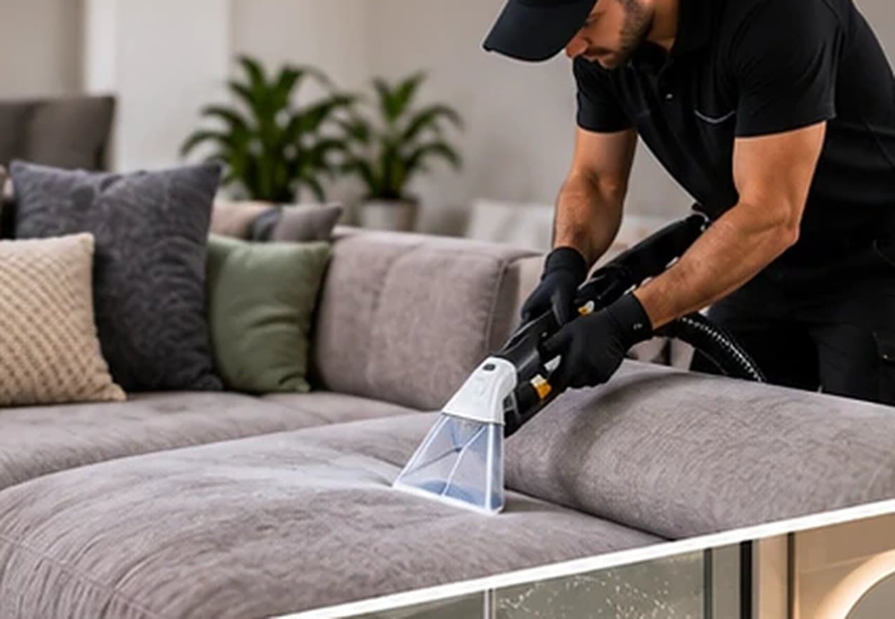 Nettoyage en profondeur d'un canapé en tissu dans un salon