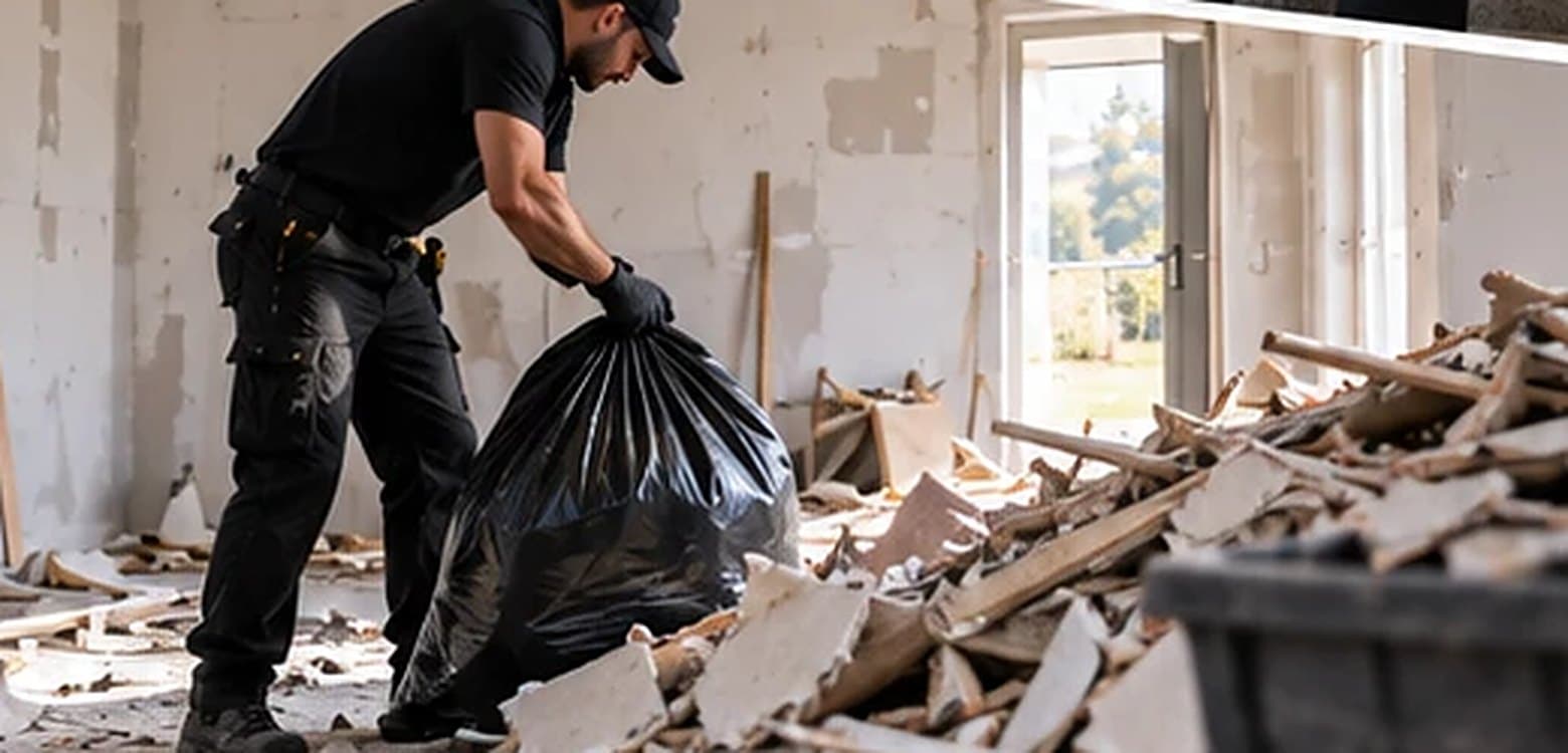 Ramassage de déchets de chantier dans une pièce en travaux