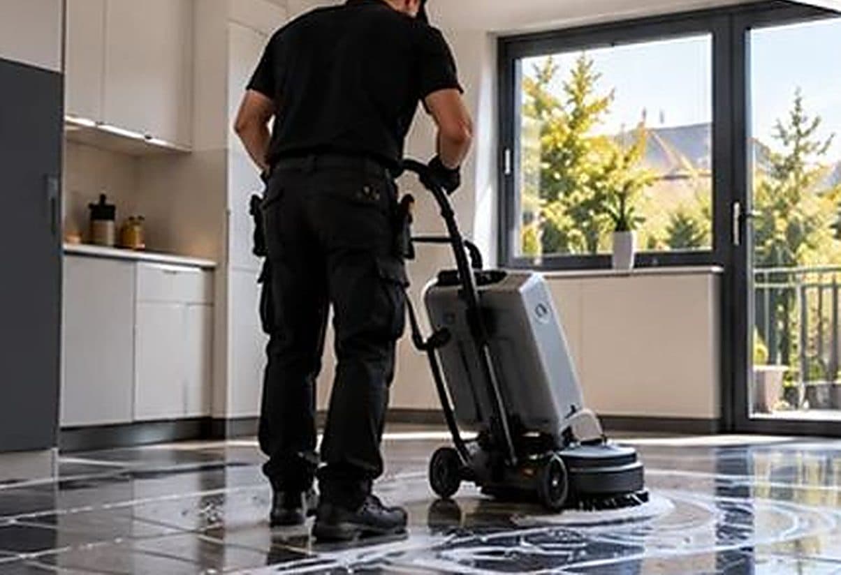 Sol carrelé d'une cuisine ouverte nettoyé à la monobrosse